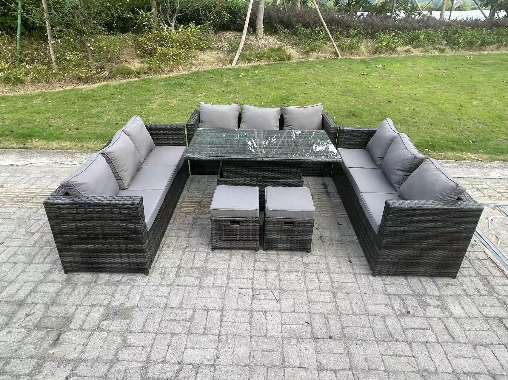 U Shape Outdoor Rattan Garden Furniture Sofa Set Lounge Adjustable Rising Lifting Tables Footstool